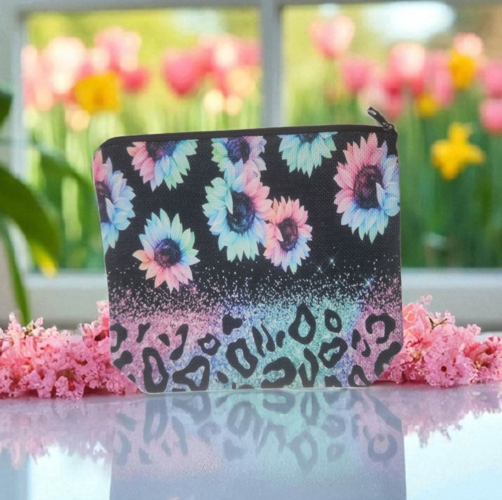 Floral Leopard Print Cosmetic Bag New Pink & Black Animal Print Pouch 7x8
